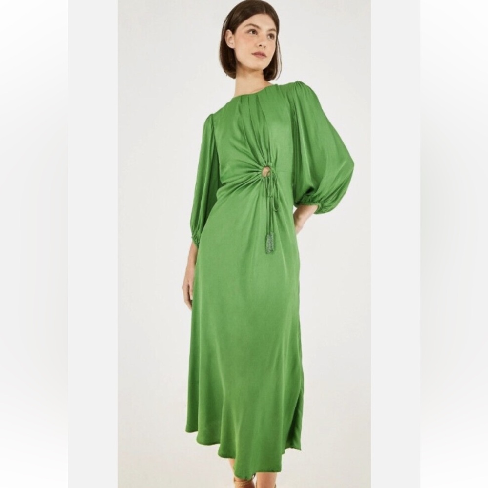 FARM RIO Anthropologie green long sleeve maxi midi satin dress circle cut out